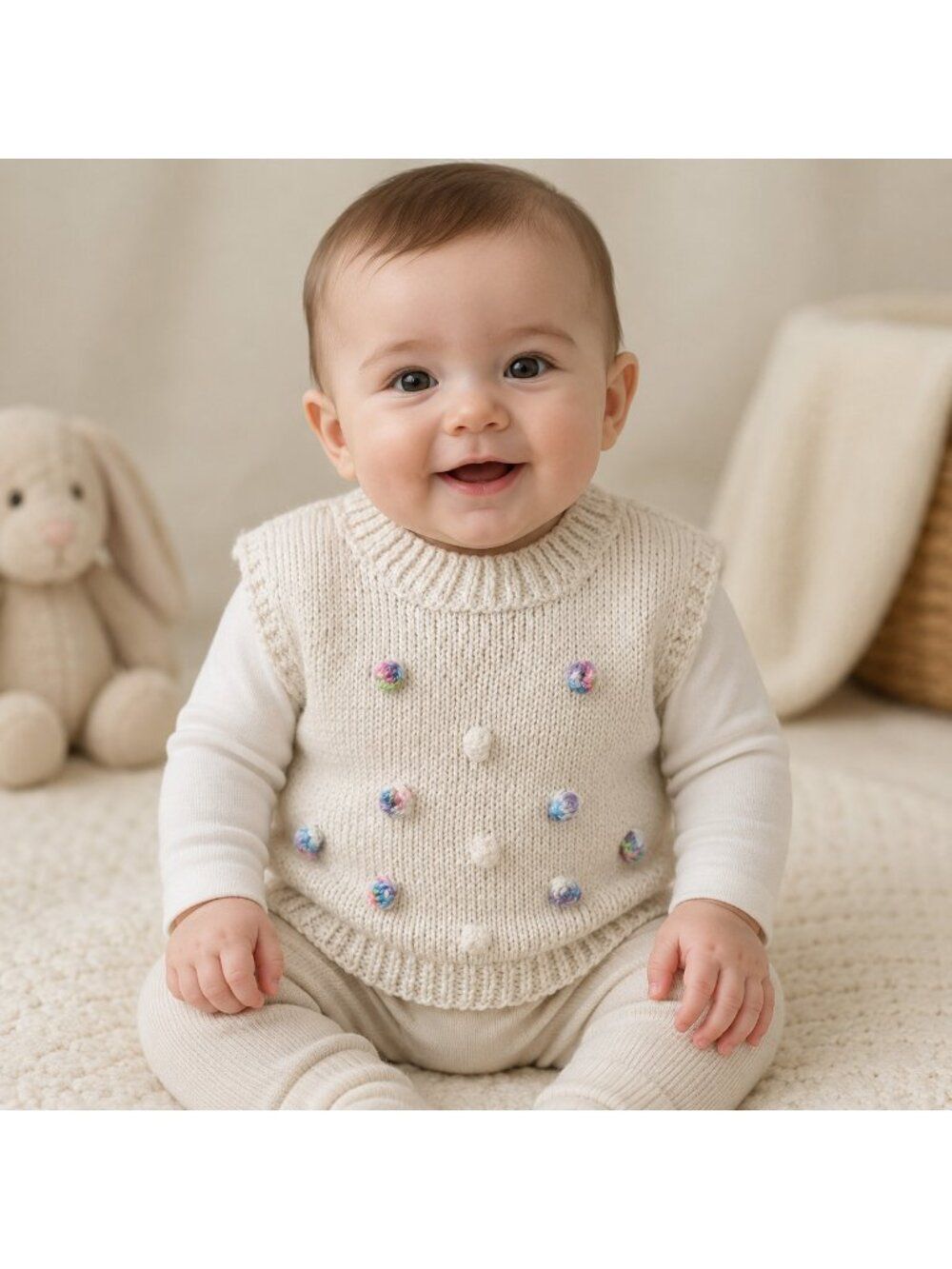 Hand-Knit Vest Baby Pullover White With Pom Poms Handmade Sz 6-12 Months